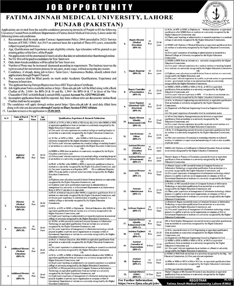 Jobs in Fatima Jinnah Medical University Lahore